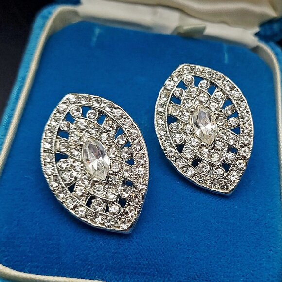 Kenneth Lane Clear Rhinestone Clip-On Earrings in Silver-Tone - Navette-Marquise - Picture 2 of 4